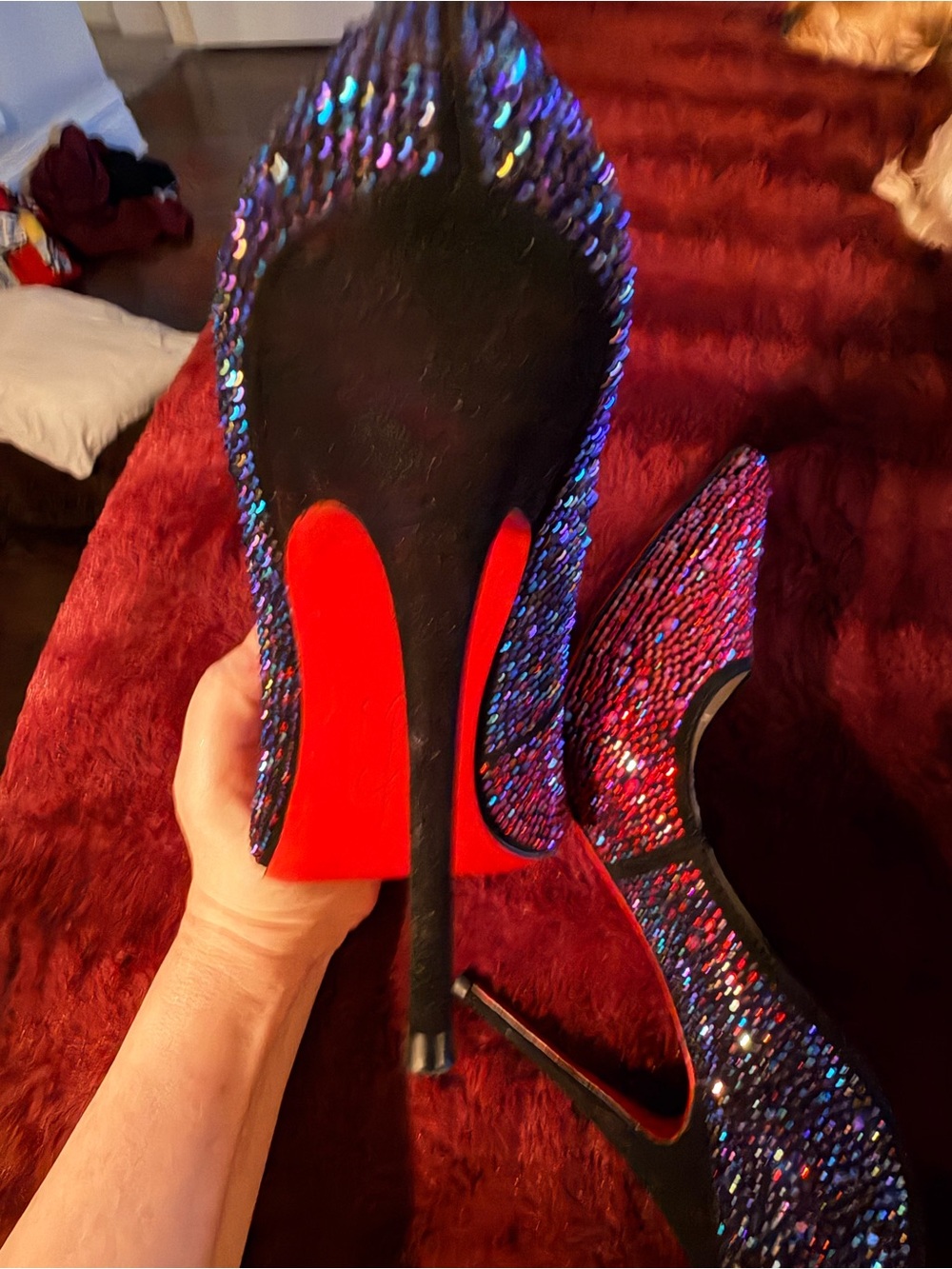 Jessica Simpson Red/Pink and Blue with Red Bottoms, Embellished Stiletto Heels - Picture 9 of 11